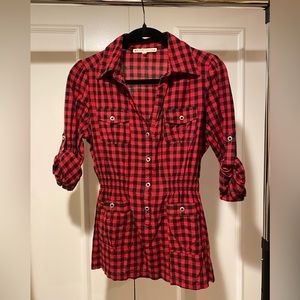 Almost Famous red and black plaid smocked waist shirt